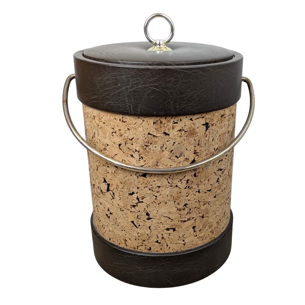 Vintage Mid-Century Ice Bucket Cork Faux Leather Insulated Gold Tone Ring Handle